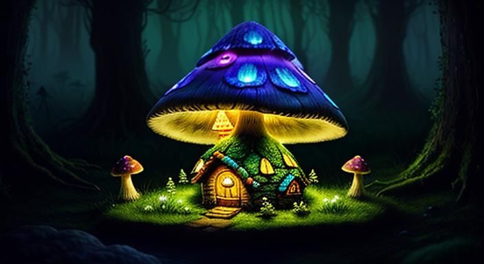 A fairy mushroom house in an enchanted bioluminescent forest...