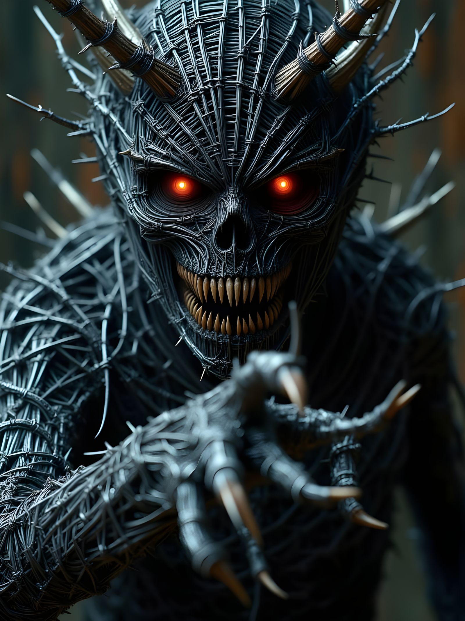 Demonic Barbed-Wire Creature Grabs Viewer in Dark Portrait