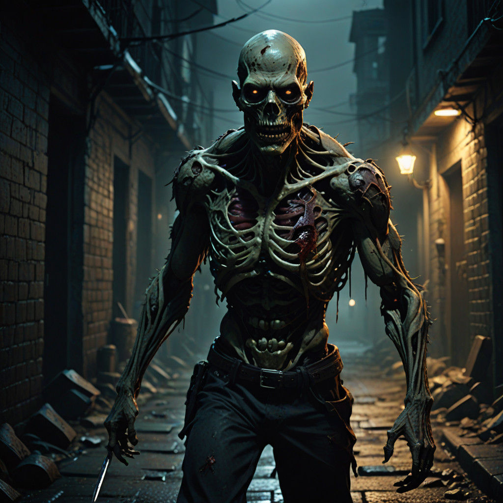 A dark, gothic Batman, clad in tattered, ripped and torn to shreds, worn cape, its billowing edges frayed and wispy, stumbles forward, his m...