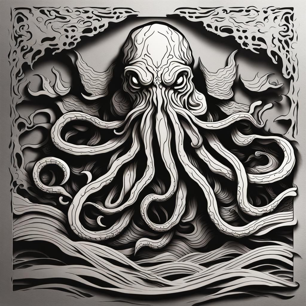 Paper-cutting artwork of Cthulhu rising from the sea, no color - AI ...