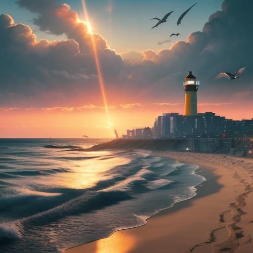 Stunning realistic beach sunset, clouds and sunlight overhea...