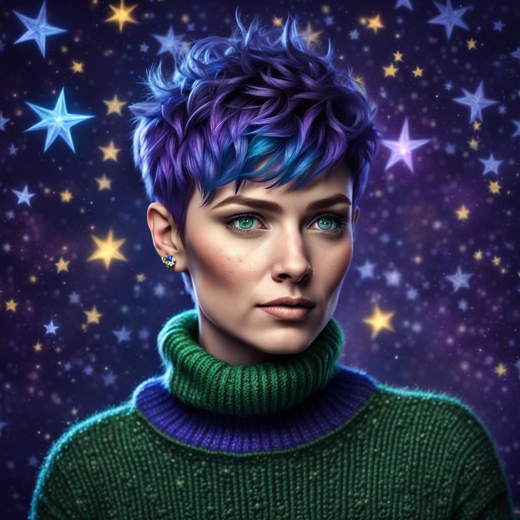 A woman with half buzzed half wavy spiked pixie cut hair, pu...