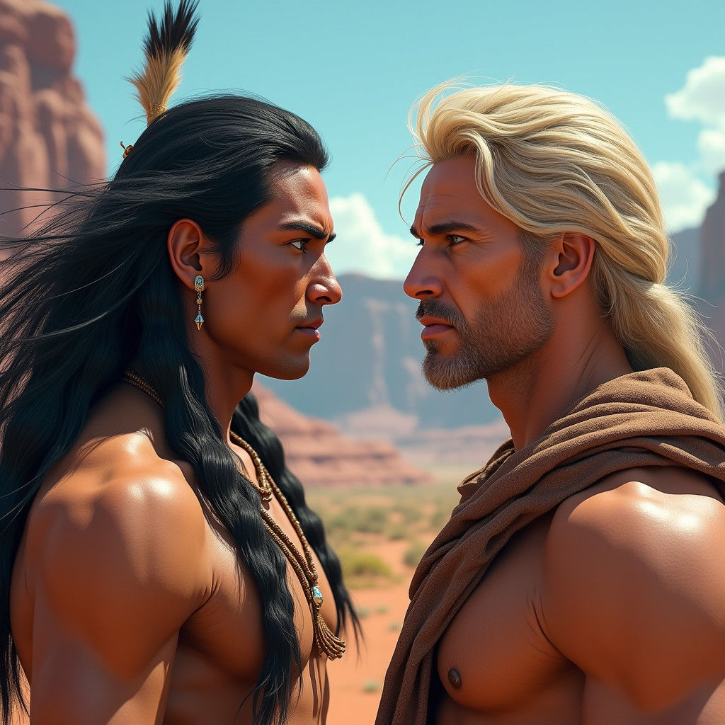Hyperrealistic Native American Man, long black hair, striking green eyes, wind blowing behind him, facing a blond haired blue eyed white man...