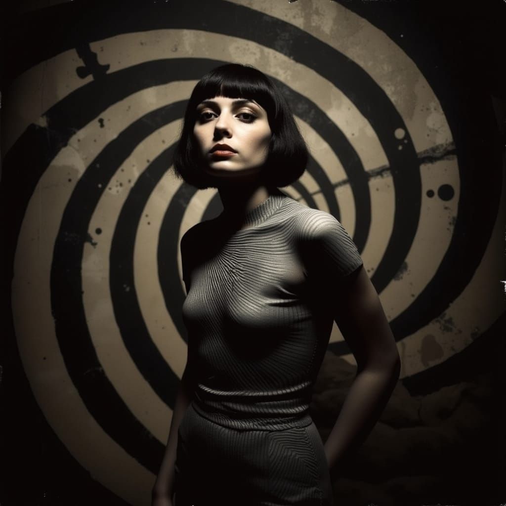 <lora:CorvidiconFlux:1.0> Black-haired bob-cut Mila Jovovich x Ultraviolet the movie: Misses Bond intro in a spiral: Hypnotize me! by Joan M...