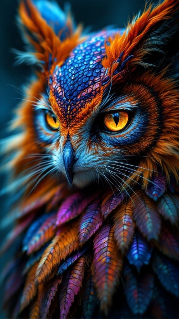 A HDR hyper-realistic close-up of a Zouwu-owl like creature, with vibrant, fiery fur and feathers in ...  by @Jerri