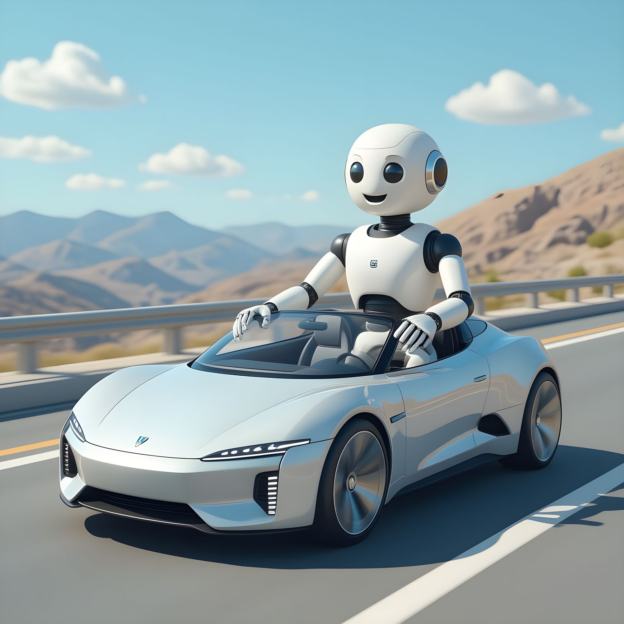 Friendly robot ( make him clear) setting in a open wall luxury car, the robot is driving, and a 3D abstract simple clay figure without eyes ...