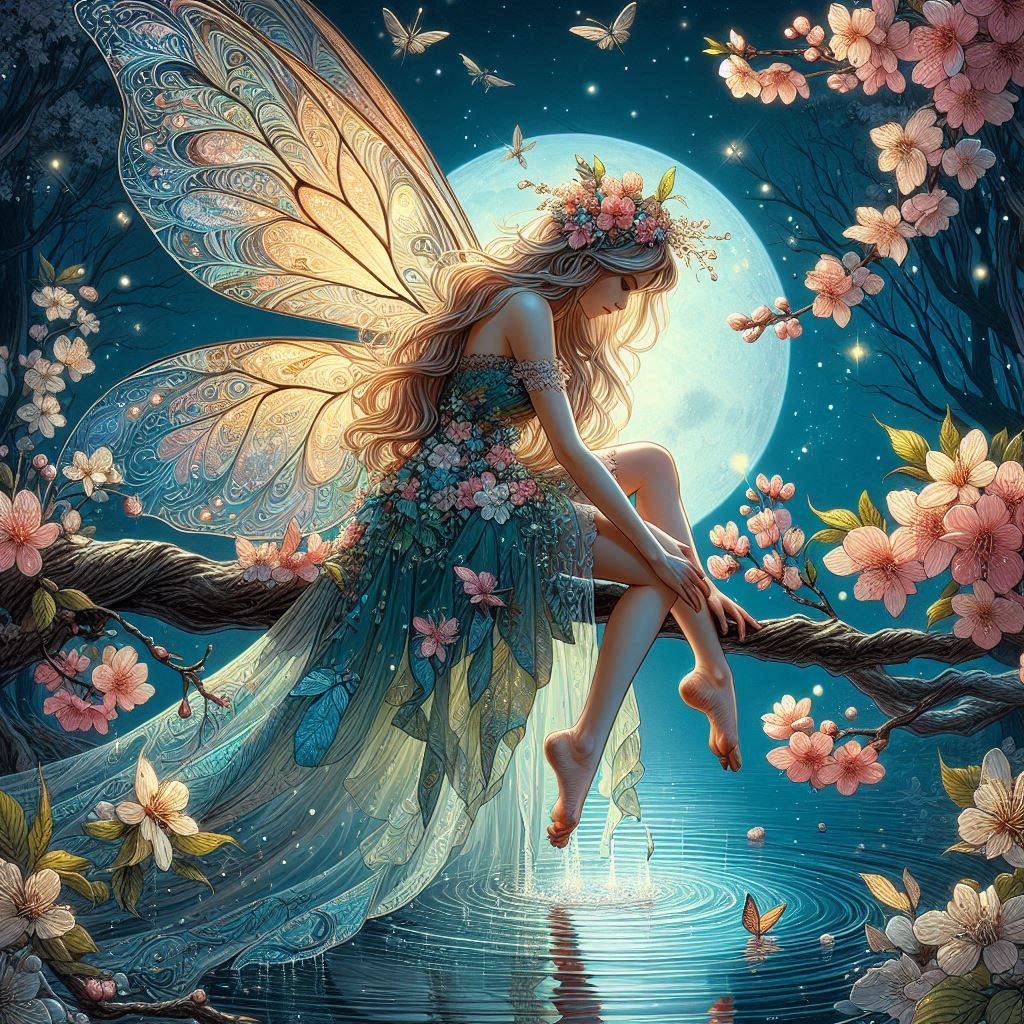 Fairy sitting on sakura tree in blue moonlight