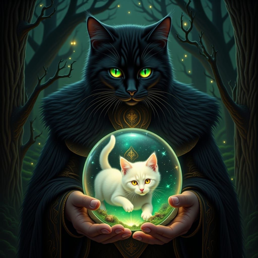 Albus the black cat with emerald green eyes, subla the white fur Kitten with golden eyes, morgana's minion holding a crystal ball capturing ...
