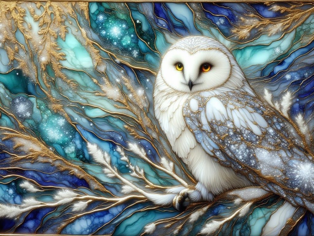 <lora:FiosGildedInk:1.0> Snowy Owl