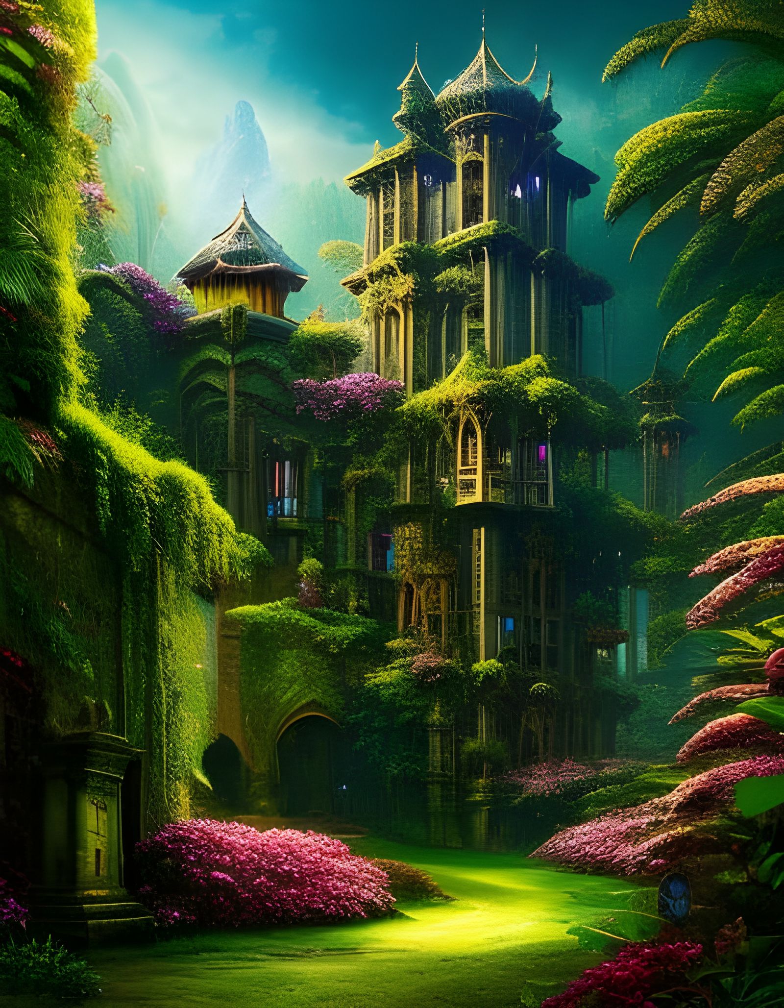 a castle in a beautiful lush jungle full of tropical flowers and ferns ...