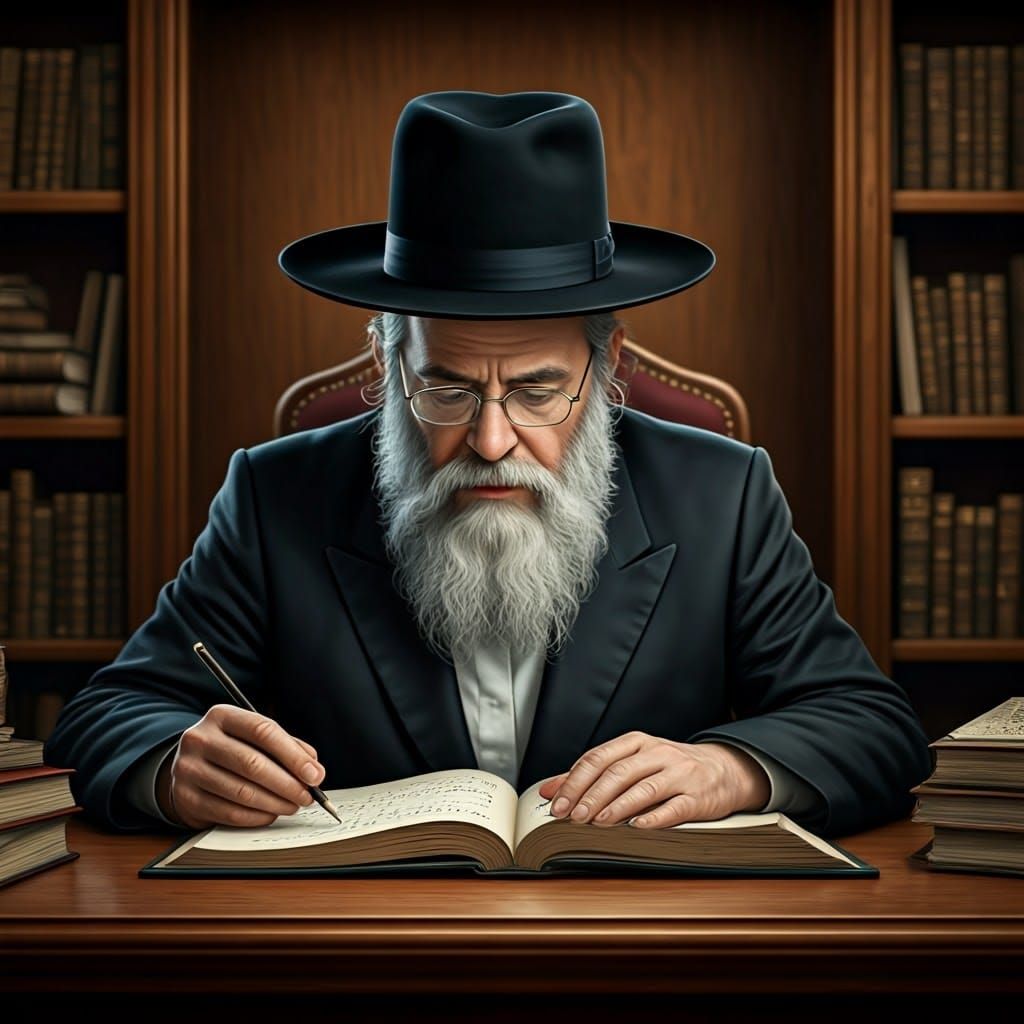 Satmar Hasidic Rabbi Lost in Thought Amidst Ancient Tomes