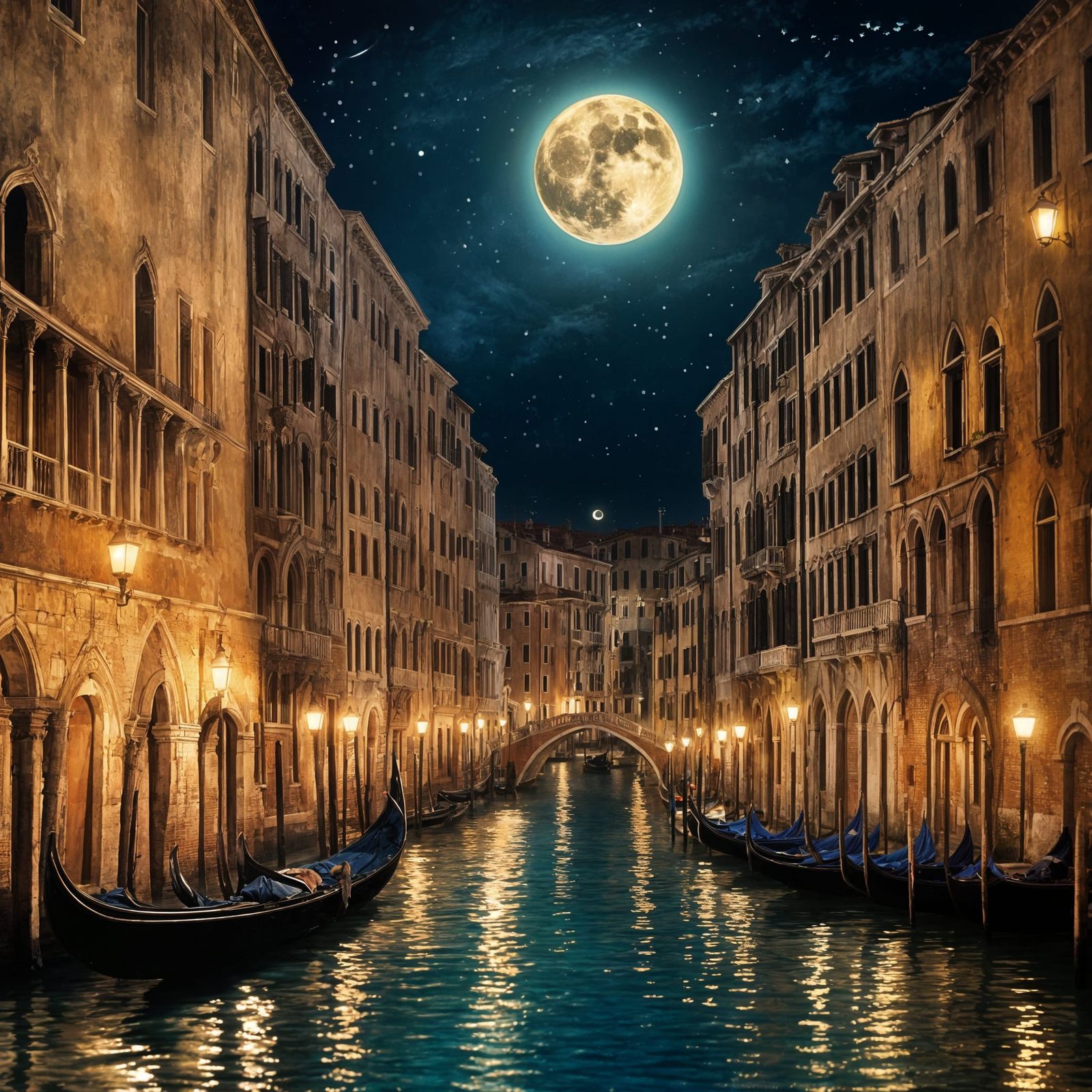 Venetian Gondolas in Moonlight, Classic Painting