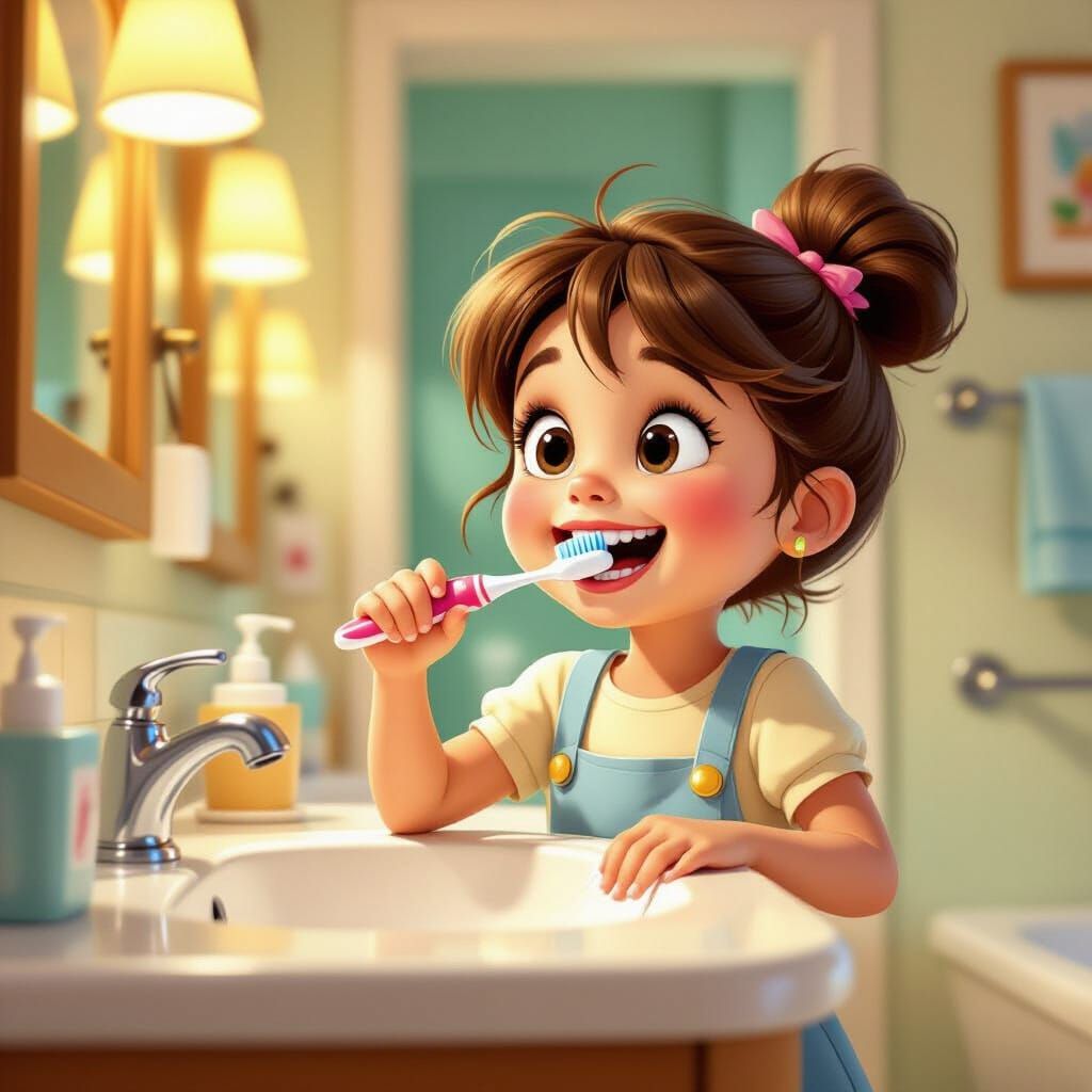 Young Girl Brushing Teeth in Cheerful Cartoon Style