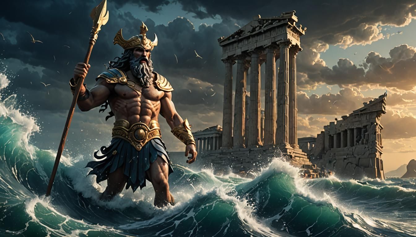 Angry Poseidon stand on the sea, calls a Tsunami attack Athena's ...