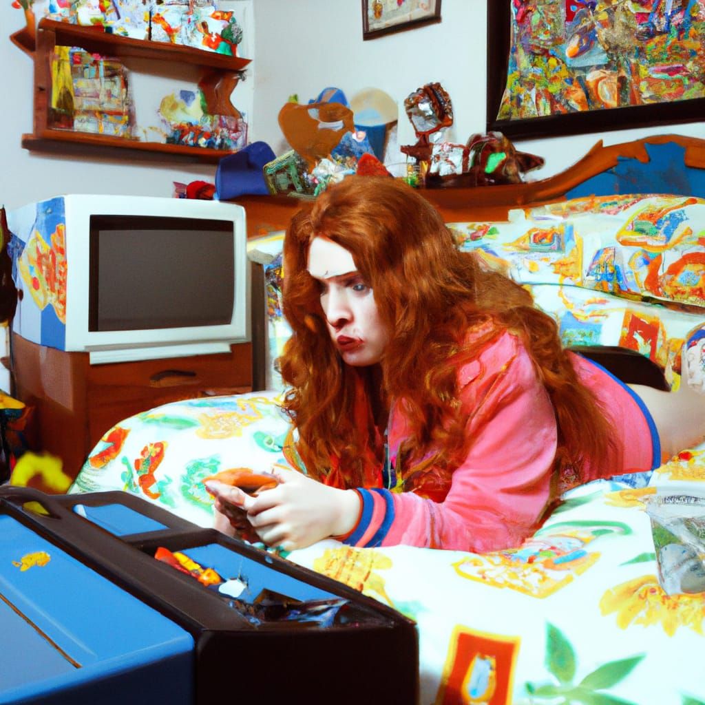 Stoned redhead girl playing 1980s videogames in her 1980s bedroom ...