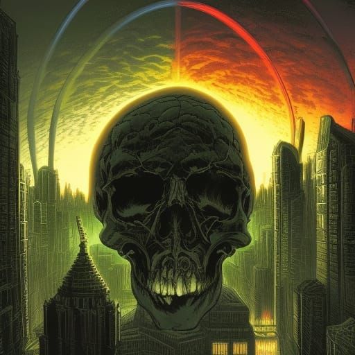 Gargantuan skull attacking a city at night