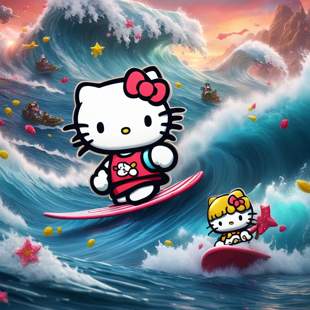 Hello kitty surfing in big Ocean waves
