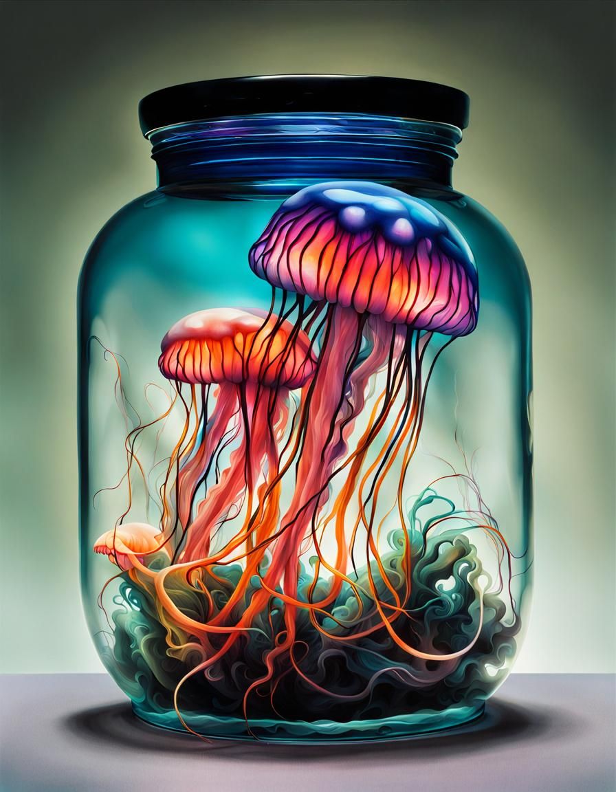 Neon-Colored Jellyfish in a Jar  by @FuzzyLogic