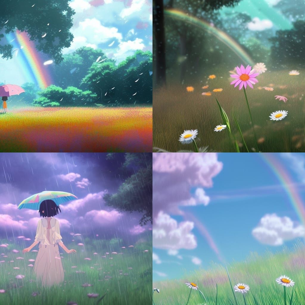 Rainbow and Daisies in Ghibli Anime Style