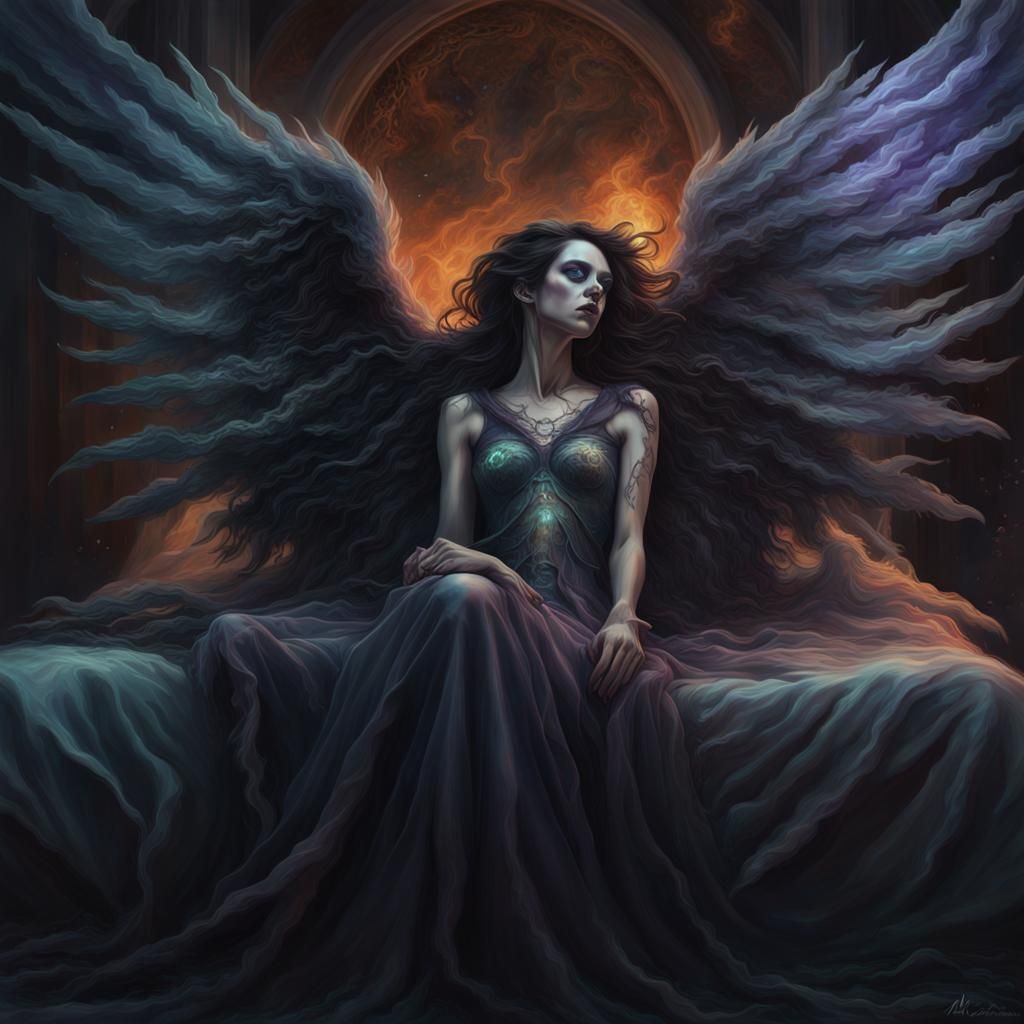 resting on a bed of angel wings, undead aura, detailed universe ...