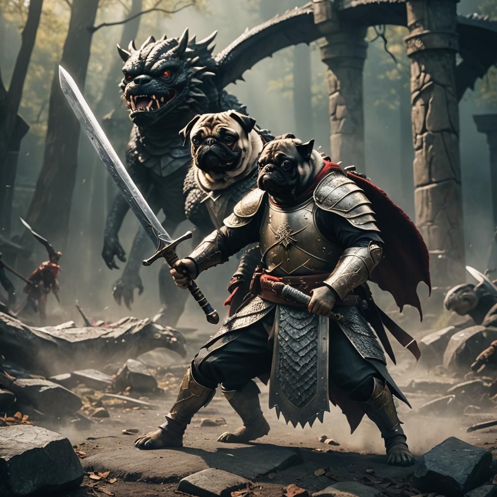 Pugverse two pug warriors and black dragon pug - AI Generated Artwork ...