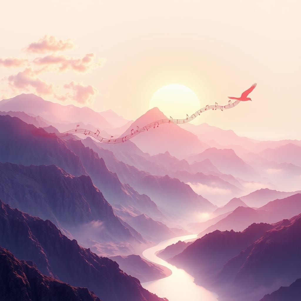 Sunrise Mountain Bird with Musical Notes in 8k