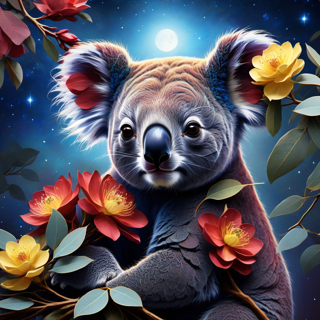 Koala eating branch covered with  eucalyptus flowers