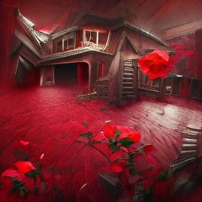 House inside a blood red rose