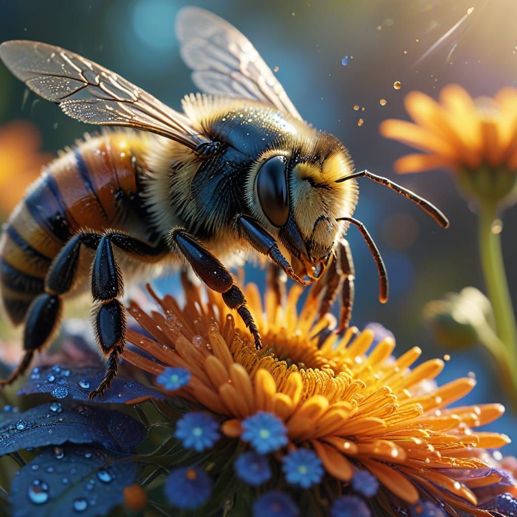 a close up of a busy homey bee on a flower collecting lumps of pollen on the hairs on his legs Hyperrealistic, ...  by @Pinto