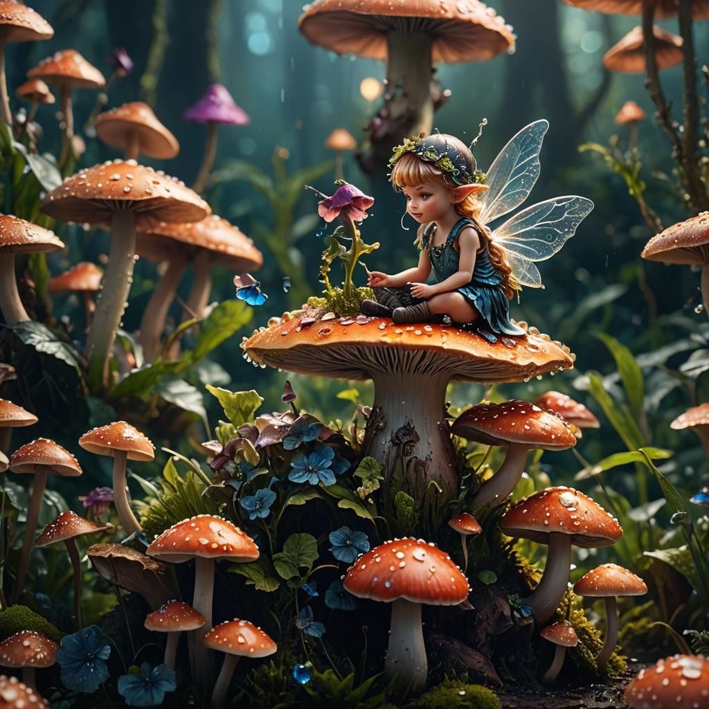 Macro photography of a tiny fairy sitting on a mushroom. Dew...