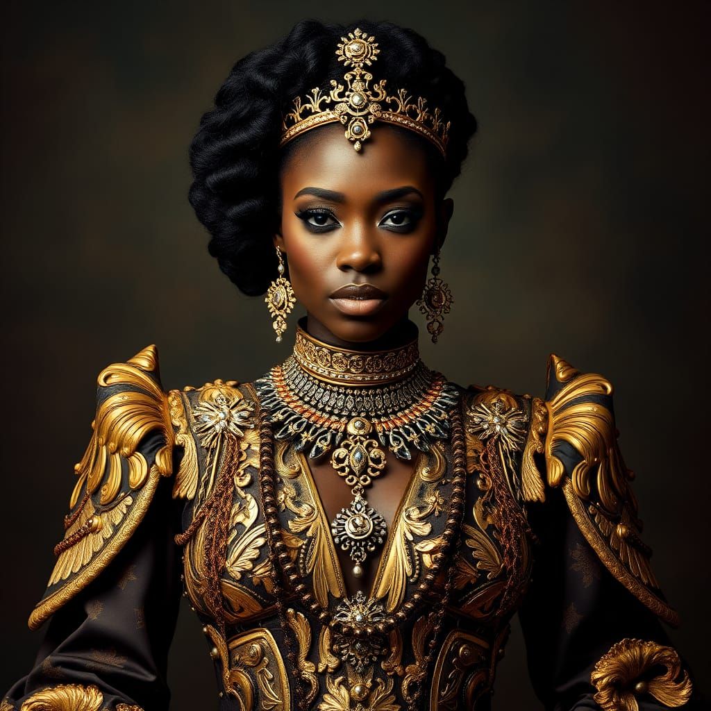 A majestic Sagittarius Black American  woman, full body, facing forward, adorn in gold and silver  by @Jai