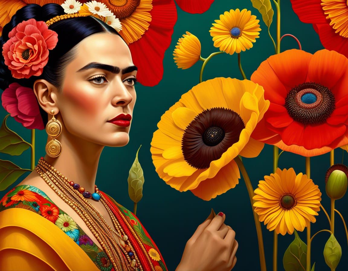 Frida Kahlo with Gustave klimt Poppies daisies sunflowers bright ...