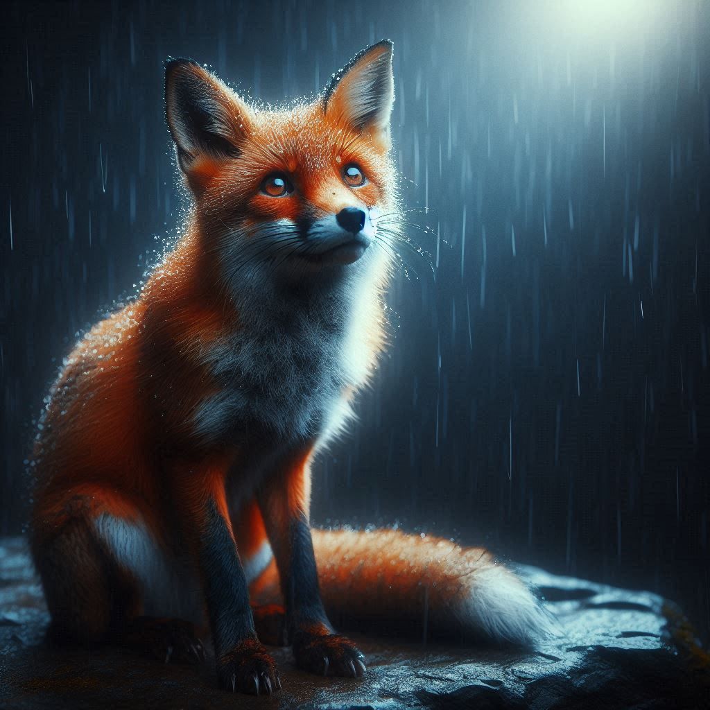 Fox under rain