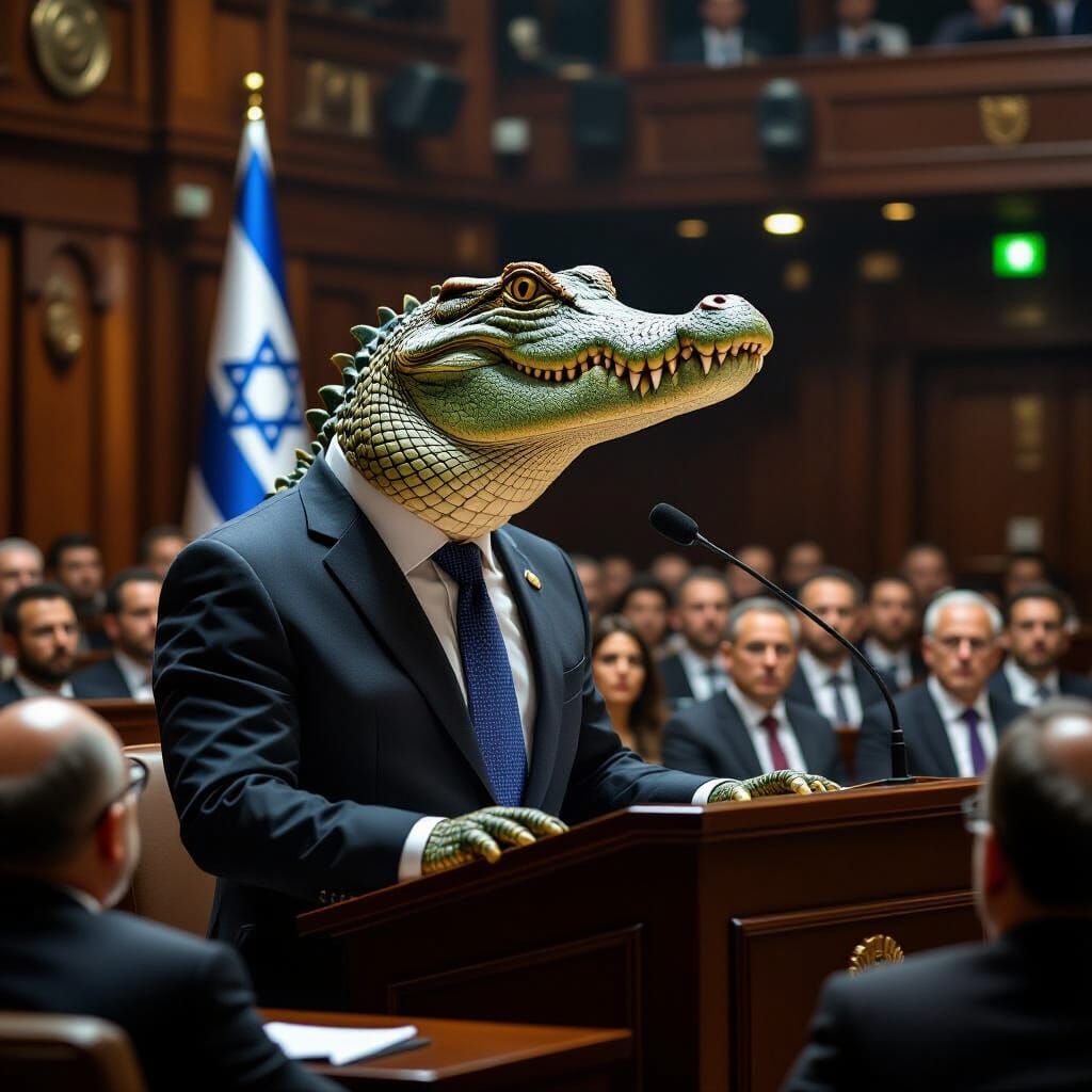 Crocodile Addresses Knesset in Dramatic Hyperrealistic Style