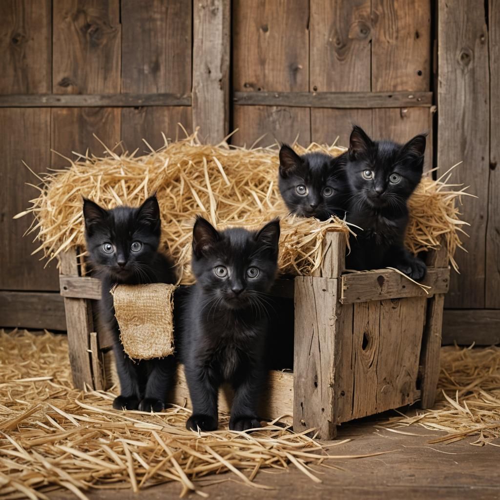 four adorable black kittens in a barn with hay 