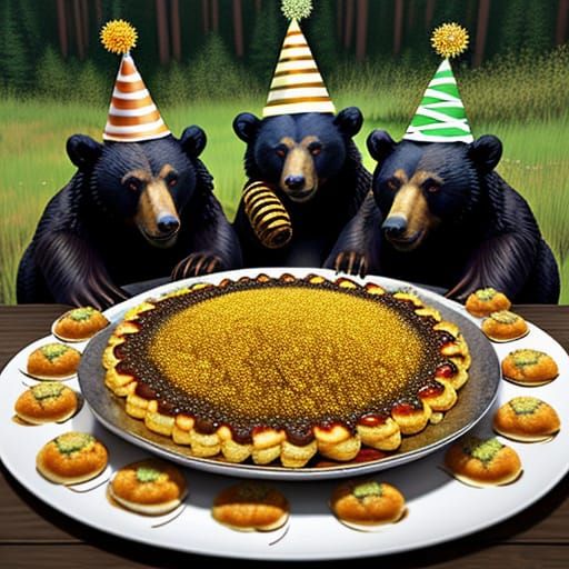 Bears having an all you can eat honey meal party after a long