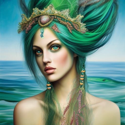 "Hyperrealist painting of an extraordinarily beautiful Merma...