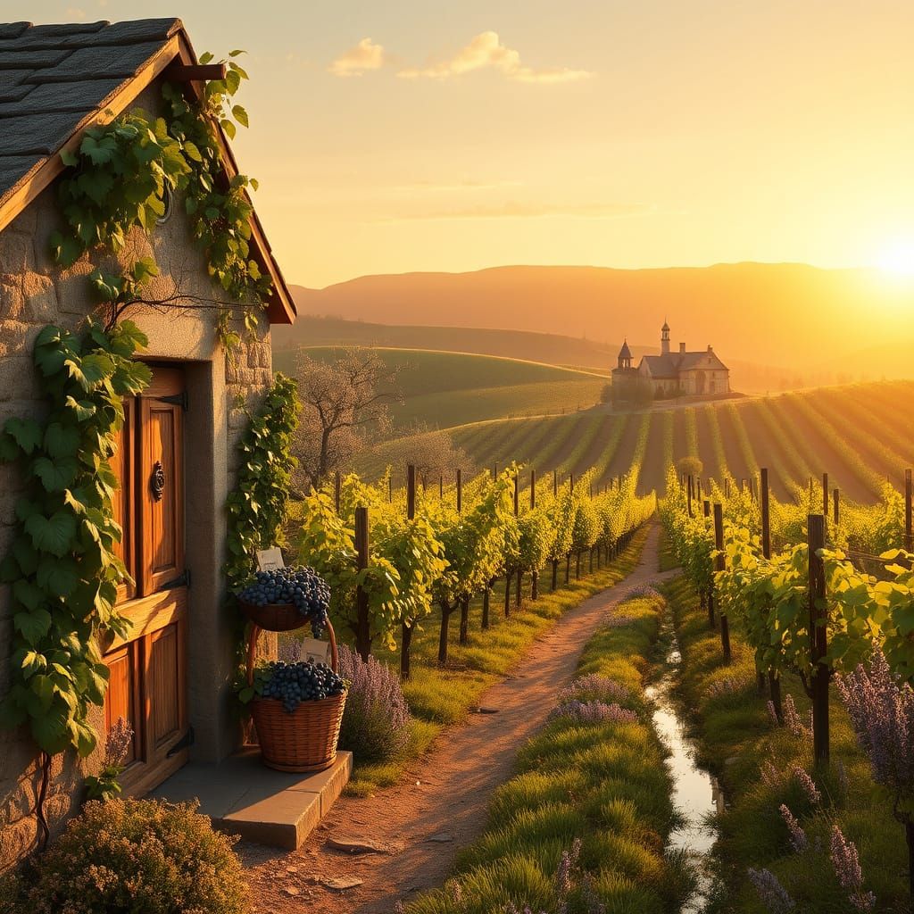 A dreamy vineyard landscape at golden hour.  by @undefined