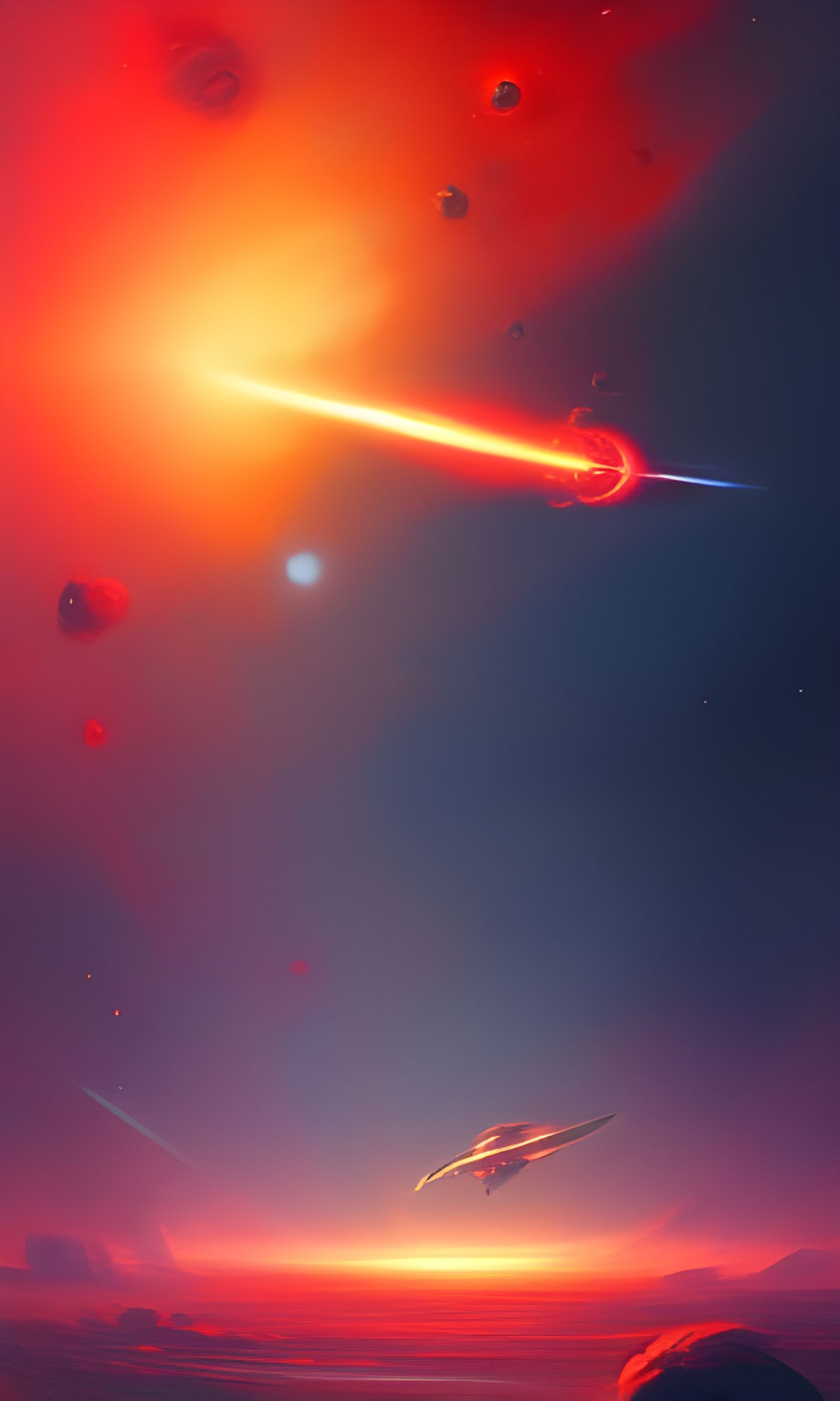 Tiny spaceship exploring Red and orange space nebula