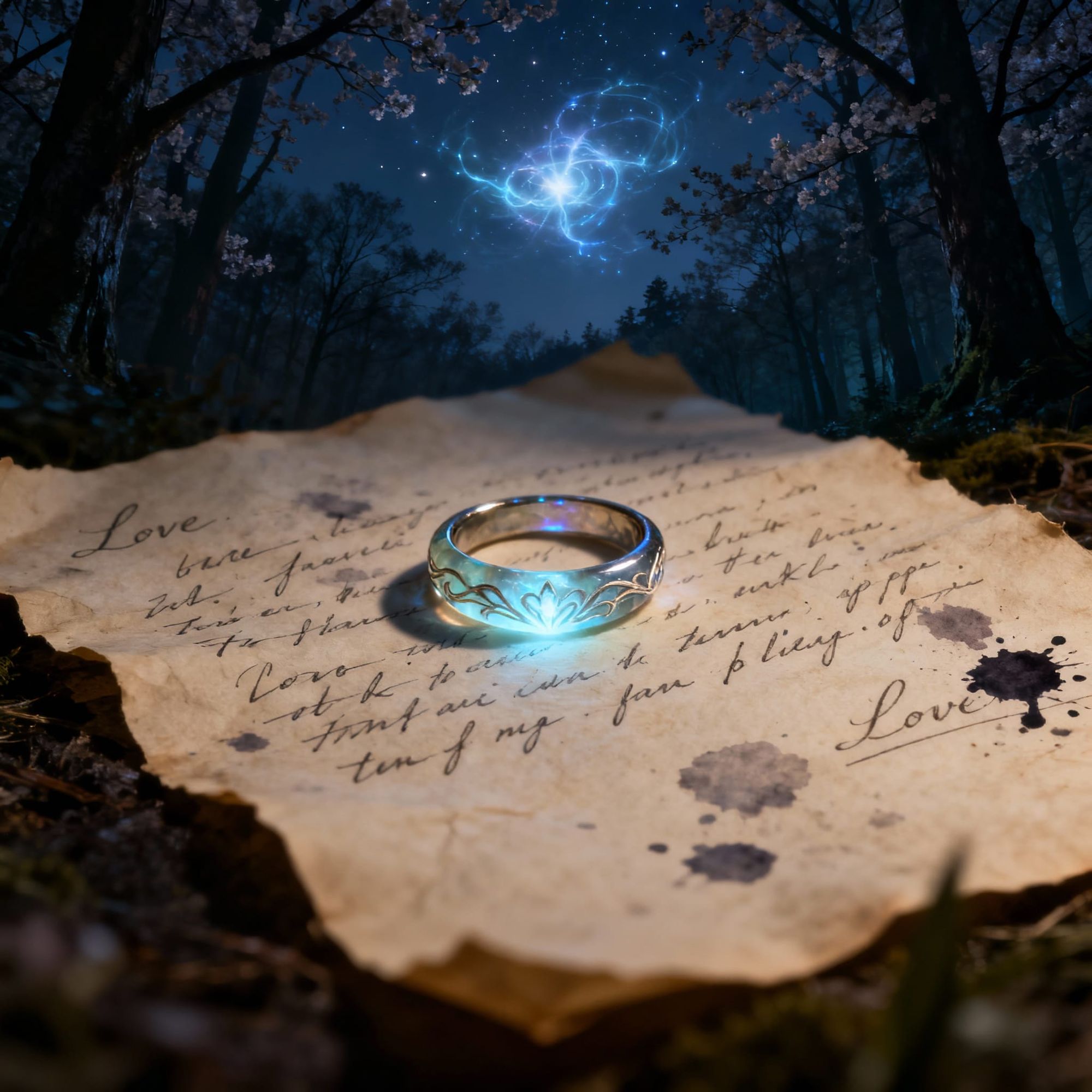 Elven resin ring, with delicate Gaussian electromagnetism luminescent glow, positioned in the center of an old parchment adorned with a hand...