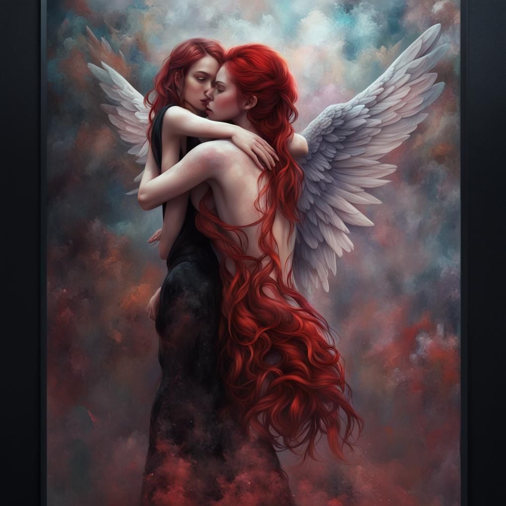An angel with black wings hugs a beautiful plump girl with r...