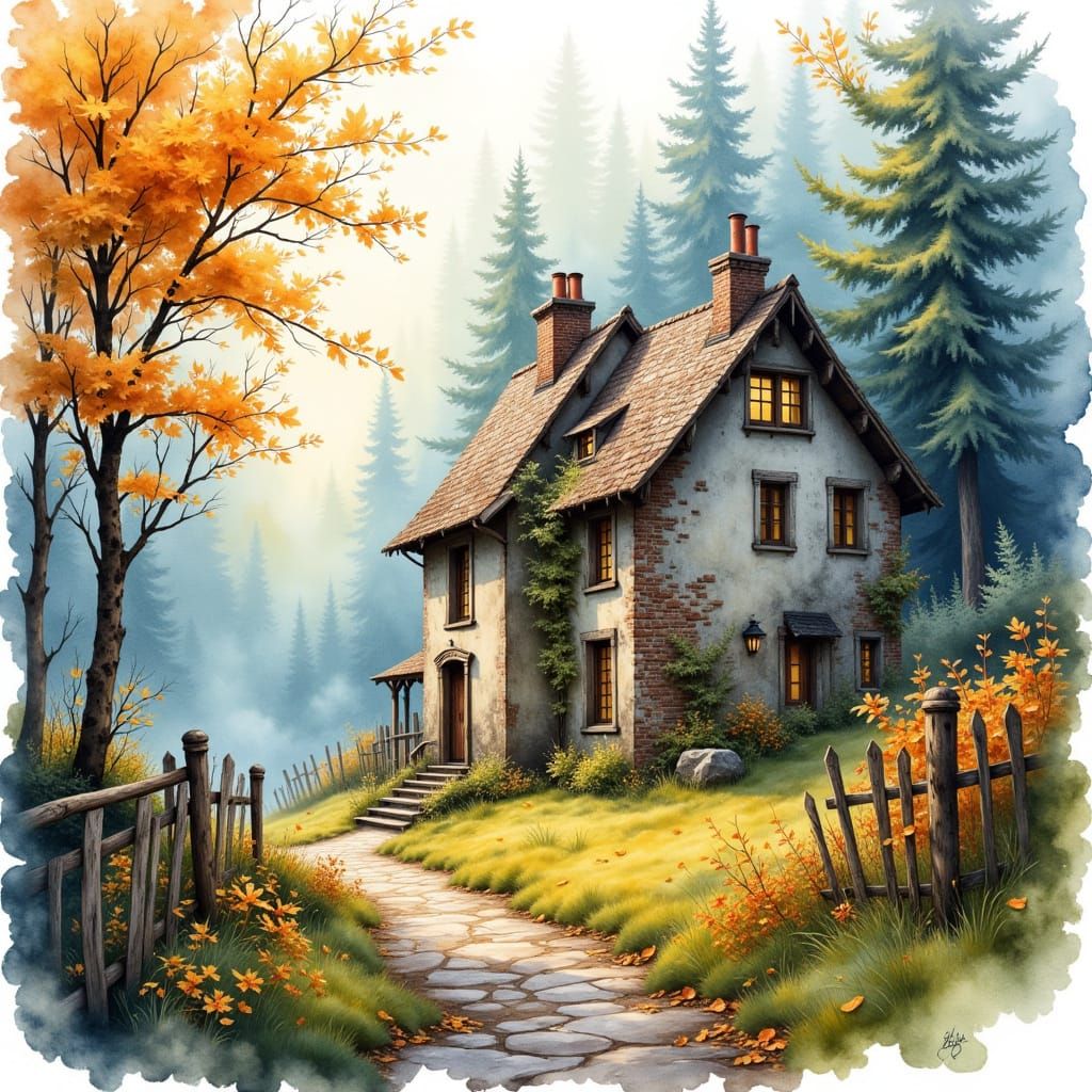 Watercolor with alcohol ink, close-up. A misty vintage Victorian rugged and weathered stucco cottage on a hill at the edge of a forest, wood...