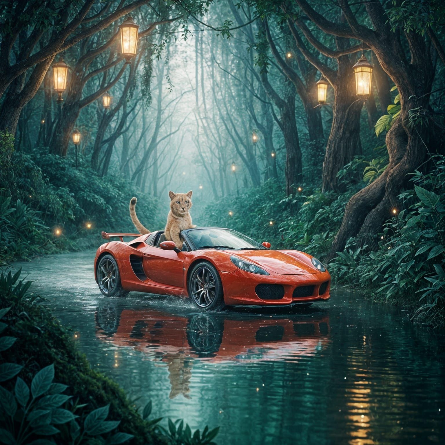 Red supercar in the magical forest  by @Kingfisher