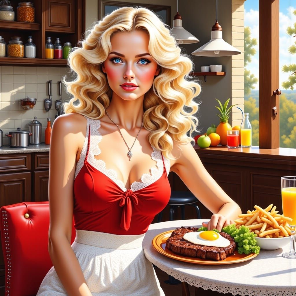 <lora:CuteBeautiesFlux:1.0>  portrait of a beautiful blonde girl , white red dress, having a dinner of steak with egg and fries, drinking or...