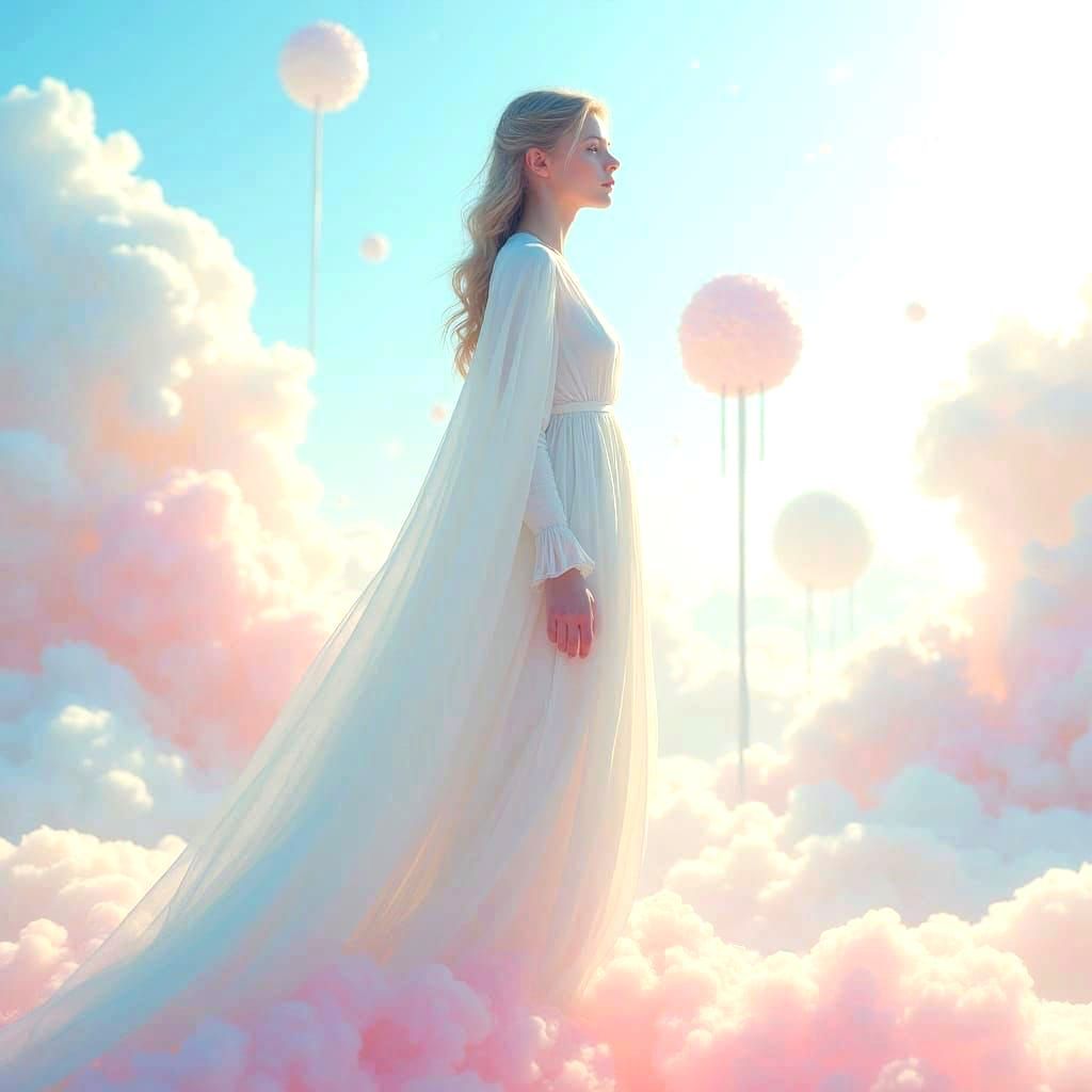 Hyper realistic fantasy world, ethereal spherical shapes in airspace cool pink tones 
Fluffy clouds 
Calming atmosphere, 