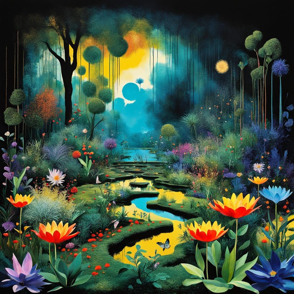 abstract puma in the abstract forest of giant mushrooms