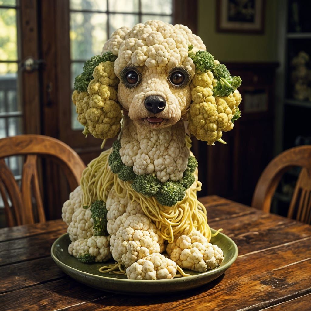 poodle made of cauliflower, broccoli and noodles  by @silverpoodle