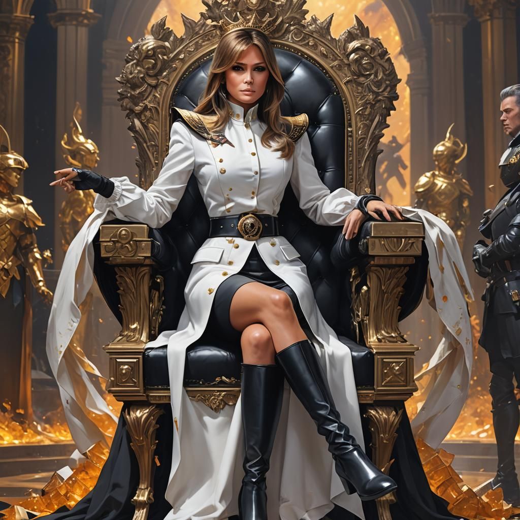 Melania Trump in a white blouse, short black skirt and black leather knee boots is seated on a throne of amber as Empres...