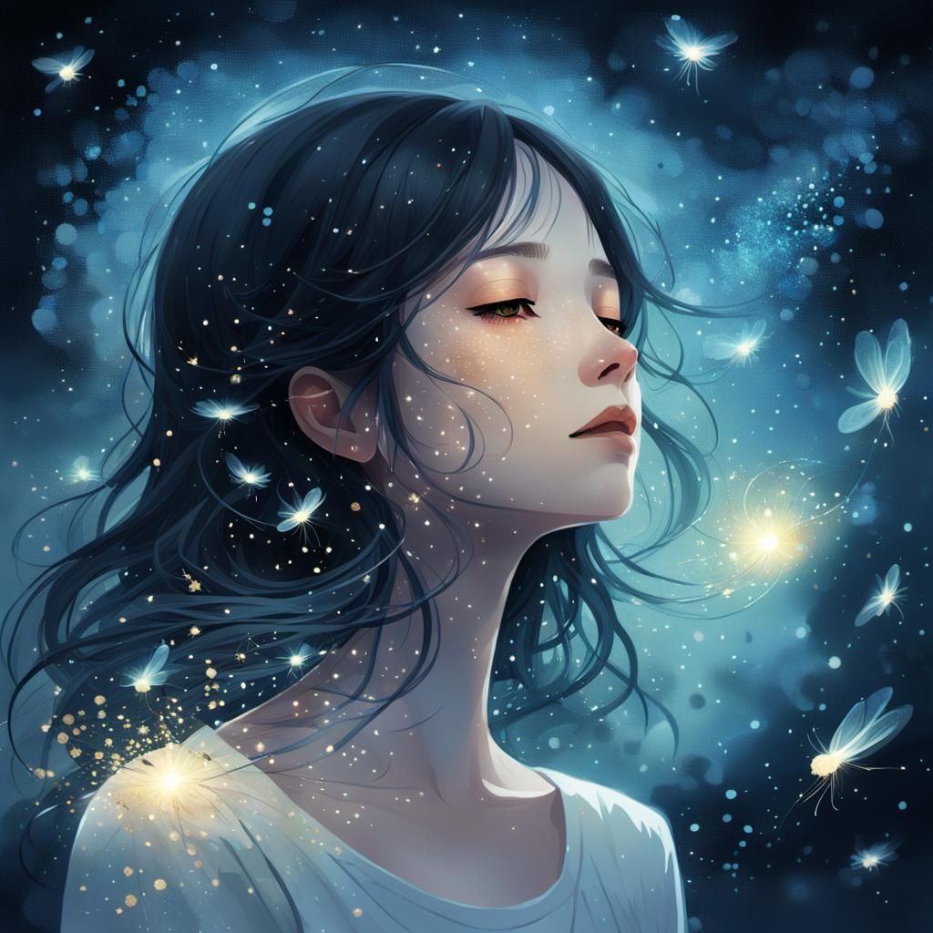 girl surrounded by fireflies