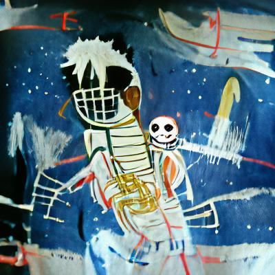 Scary skeleton astronaut in space Basquiat